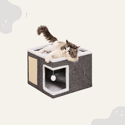 Indoor Katzenbett Höhle – Großes Kuschelbett mit Kratzfläche & Spielball für Katzen, platzsparend & stabil - Animoraa