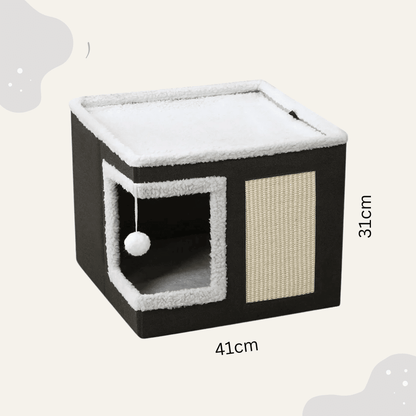 Indoor Katzenbett Höhle – Großes Kuschelbett mit Kratzfläche & Spielball für Katzen, platzsparend & stabil - Animoraa